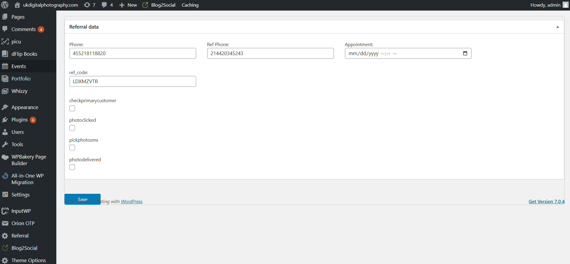 Referral plugin admin screen: phone, referral code and offer-status fields